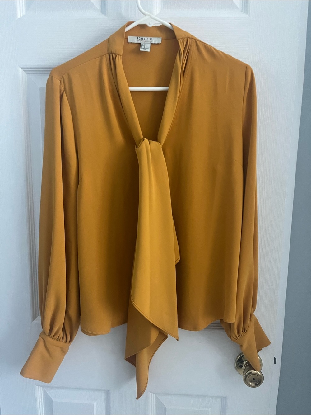 Forever 21 Mustard Tie-Neck Blouse with Long Sleeves